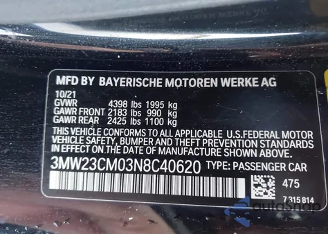 2022 BMW 230 I from USA, damaged, VIN 3MW23CM03N8C40620